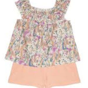 NWT Mabel+Honey Multi Color Floral Print Ruffle Top & Peach Knit Shorts Set